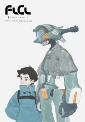 Rule 34 | 1boy, absurdres, arms at sides, black hair, blue eyes, blue sweater, canti, closed mouth, clothed robot, copyright name, english text, flcl, grey jacket, hands in pockets, highres, humanoid robot, jacket, looking away, nandaba naota, robot, short hair, standing, sweater, torio02446440, white background