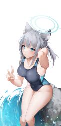 Rule 34 | 1girl, absurdres, adjusting hair, animal ear fluff, animal ears, arm up, black one-piece swimsuit, blue archive, blue eyes, blue halo, breasts, closed mouth, commentary, competition swimsuit, covered navel, cross, cross hair ornament, extra ears, grey hair, hair ornament, halo, highres, inverted cross, large breasts, long hair, looking at viewer, low ponytail, megu (pixiv9460065), mismatched pupils, multicolored clothes, multicolored swimsuit, official alternate costume, one-piece swimsuit, shiroko (blue archive), shiroko (swimsuit) (blue archive), simple background, sitting, solo, swimsuit, thighs, two-tone swimsuit, v, white background, wolf ears