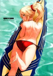 Rule 34 | 1girl, absurdres, ass, bare shoulders, barefoot, bikini, blonde hair, blush, braid, butt crack, day, fate/apocrypha, fate/grand order, fate (series), green eyes, hair ornament, hair scrunchie, highres, leg up, looking at viewer, looking back, lying, mordred (fate), mordred (fate/apocrypha), mordred (swimsuit rider) (first ascension) (fate), on stomach, outdoors, ponytail, scan, scrunchie, side-tie bikini bottom, simple background, solo, surfboard, swimsuit, tan, tanline, toes, tonee, topless, water