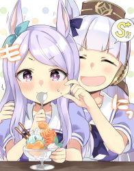 Rule 34 | 2girls, :d, ^^^, ^ ^, animal ears, blouse, blue bow, blue ribbon, blue shirt, blunt bangs, blush, bow, brown headwear, cheek pull, closed eyes, collarbone, commentary request, dessert, ear covers, ear ribbon, facing viewer, food, gold ship (umamusume), hair bow, hat, heart, highres, hizuki yayoi, holding, holding spoon, horse ears, ice cream, long hair, looking at viewer, mejiro mcqueen (umamusume), mini hat, multiple girls, open mouth, pocky, puffy short sleeves, puffy sleeves, purple eyes, purple hair, purple shirt, ribbon, school uniform, serafuku, shirt, short sleeves, silver hair, simple background, smile, spoon, sweat, swept bangs, tracen school uniform, umamusume, upper body, v-shaped eyebrows, very long hair, white background