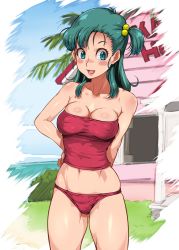 Rule 34 | 1girl, :o, arms behind back, bare shoulders, blue eyes, blush, breasts, bulma, cleavage, covered erect nipples, day, dragon ball, dragon ball (classic), feet out of frame, female focus, grass, green hair, groin, hair bobbles, hair ornament, happy, highres, kame house, legs, long hair, looking at viewer, medium breasts, midriff, navel, open mouth, outdoors, panties, red panties, sakuradou, side ponytail, sky, smile, solo, standing, strapless, thighs, tube top, underwear