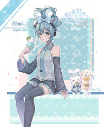 Rule 34 | 1girl, blue bow, blue eyes, blue hair, blue necktie, borrowed hairstyle, bow, cinnamiku, cinnamoroll, closed mouth, collared shirt, copyright name, cosplay, cup, detached sleeves, drinking straw, folded twintails, grey shirt, grey skirt, grey sleeves, grey thighhighs, hair between eyes, hair bow, hatsune miku, hatsune miku (cosplay), highres, hkr.aoq, holding, holding cup, long hair, long sleeves, miniskirt, necktie, pleated skirt, sanrio, shirt, sitting, skirt, sleeveless, sleeveless shirt, smile, solo, thighhighs, tied ears, twintails, vocaloid, wing collar, zettai ryouiki