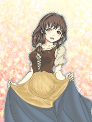 Rule 34 | 10s, 1girl, apron, bo2337285, breasts, brown eyes, brown hair, casual, clothes grab, cross-laced clothes, cross-laced top, curtsey, long hair, low-tied long hair, maid ane (maoyuu), maoyuu maou yuusha, smile, solo, waist apron