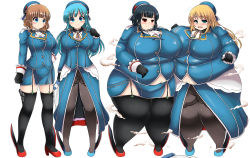 Rule 34 | 10s, 4girls, annoyed, asymmetrical docking, atago (kancolle), beret, big belly, black gloves, black hair, blonde hair, blue eyes, blue hair, blush, breast press, breasts, brown hair, character request, ascot, embarrassed, fat, fat rolls, frown, garter straps, gloves, hand on own hip, hat, high heels, highres, huge breasts, kantai collection, kurokaze no sora, large breasts, long hair, looking at viewer, military, military uniform, multiple girls, obese, open mouth, pantyhose, pelvic curtain, red eyes, short hair, showgirl skirt, smile, standing, steam, surprised, takao (kancolle), thighhighs, undersized clothes, uniform, very long hair
