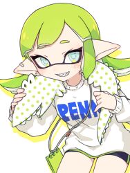 Rule 34 | 1girl, bike shorts, commentary, crocodilian, earrings, green eyes, green hair, holding, holding stuffed toy, inkling, inkling girl, inkling player character, inuowour, jewelry, medium hair, mole, mole under eye, multiple moles, nintendo, pointy ears, sharp teeth, smile, solo, splatoon (series), stuffed toy, sweater, symbol-only commentary, teeth, white sweater