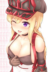 Rule 34 | 1girl, apron, black gloves, blonde hair, blush, breasts, cleavage, collarbone, commentary request, drooling, elbow gloves, gloves, hair between eyes, large breasts, long hair, one eye closed, parted lips, purple eyes, ribbed gloves, saliva, sandy (aigis), sennen sensou aigis, smile, solo, tongue, tongue out, uni8, upper body, wall of text