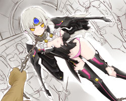Rule 34 | 1girl, arm behind back, bdsm, blush, chain, code: nemesis (elsword), coladaisuki, crack, elsword, eve (elsword), facial mark, forehead jewel, long hair, nipples, one breast out, panties, pink panties, restrained, silver hair, torn clothes, underwear, wings, yellow eyes
