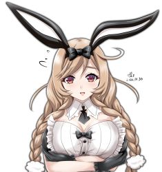 Rule 34 | 1girl, animal ears, artist name, black gloves, blush, braid, breasts, brown eyes, rabbit ears, buttons, dated, detached collar, fake animal ears, flying sweatdrops, gloves, highres, kantai collection, large breasts, leotard, light brown hair, long hair, minegumo (kancolle), open mouth, signature, simple background, solo, tk8d32, twin braids, upper body, white background, white leotard