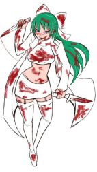 Rule 34 | 1girl, blood, blood on clothes, bloody knife, boots, bow, breasts, crop top, dual wielding, garter straps, green hair, hair bow, holding, knife, long coat, long hair, midriff, purple eyes, skirt, small breasts, thigh boots, thighhighs, yurikawa saki, zombie, zombie-ya reiko
