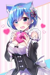 Rule 34 | 10s, 1girl, :d, animal ears, bad id, bad pixiv id, bare shoulders, blue eyes, blue hair, blush, bow, box, breasts, candy, cat ears, chocolate, chocolate heart, cleavage, commentary request, detached sleeves, food, gift, gift box, hair bow, hair ornament, hair ribbon, heart, highres, holding, kemonomimi mode, looking at viewer, maid, medium breasts, minami saki, open mouth, re:zero kara hajimeru isekai seikatsu, rem (re:zero), ribbon, short hair, smile, solo