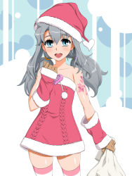 Rule 34 | 1girl, :d, arm at side, arm tattoo, bare arms, bare shoulders, blue eyes, blush, brown gloves, butakoma 300g, christmas, clenched hand, collarbone, cowboy shot, cross, detached sleeves, dress, female focus, flat chest, fur trim, gloves, grey hair, hair between eyes, hand up, hat, head tilt, heart, highres, holding, long hair, looking at viewer, low twintails, multicolored background, open mouth, original, pom pom (cheerleading), red detached sleeves, red dress, round teeth, sack, santa costume, santa hat, short dress, slit pupils, smile, solo, standing, strapless, strapless dress, striped clothes, striped thighhighs, tattoo, teeth, thighhighs, twintails