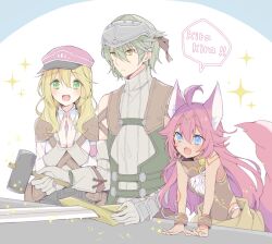 Rule 34 | 1boy, 2girls, ahoge, alice (rune factory), animal ear fluff, animal ears, armor, bare shoulders, blacksmith, blonde hair, blue eyes, blush, brown shirt, closed mouth, collared shirt, commentary, fang, forehead protector, fuuka (rune factory), gloves, green eyes, green hair, hair between eyes, hammer, hands up, hat, holding, holding hammer, long hair, martin (rune factory), mini mamu, multiple girls, open mouth, own hands clasped, own hands together, peaked cap, pink hair, red headwear, romaji text, rune factory, rune factory 5, shirt, short hair, shoulder armor, sleeveless, smile, sparkle, speech bubble, sweater, sword, symbol-only commentary, tail, tattoo, turtleneck, turtleneck sweater, vambraces, weapon, white shirt, wolf ears, wolf girl, wolf tail, wrist cuffs
