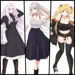 Rule 34 | 3girls, ankle boots, arm behind head, azur lane, bare shoulders, belt, black belt, black dress, black footwear, black jacket, black pantyhose, black ribbon, black shorts, black tank top, black thighhighs, blonde hair, blue eyes, blue skirt, boots, breasts, brown belt, casual, cleavage, closed mouth, clothes pull, coat, collarbone, dress, enchuu kakiemon, enterprise (azur lane), feet out of frame, full body, green eyes, hair ornament, hair ribbon, hand in own hair, hands in pockets, highres, holding, holding clothes, holding coat, hornet (azur lane), jacket, jacket pull, jewelry, long hair, long sleeves, looking at viewer, looking away, medallion, medium breasts, multiple girls, multiple views, navel, necklace, pantyhose, purple eyes, ribbon, shirt, shoes, shorts, silver hair, skirt, smile, standing, tank top, thighhighs, turtleneck, turtleneck dress, twintails, undershirt, white background, white coat, white shirt, yorktown (azur lane), yorktown (saintly wings) (azur lane)