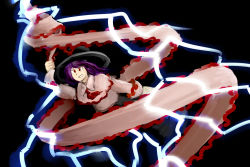 Rule 34 | 1girl, arm up, black background, capelet, drill, electricity, frills, hat, lightning, long sleeves, nagae iku, nanachise7, open mouth, purple hair, red eyes, shawl, short hair, simple background, smile, solo, touhou