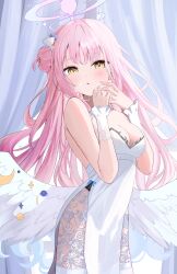 Rule 34 | 1girl, absurdres, aki uzuki3, angel wings, bare shoulders, blue archive, blush, breasts, cleavage, dress, flower, hair bun, hair flower, hair ornament, halo, highleg, highres, large breasts, long hair, looking at viewer, low wings, mika (blue archive), open mouth, pink hair, pink halo, single side bun, solo, white dress, white wings, wing ornament, wings, yellow eyes