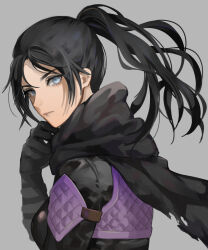 Rule 34 | 1girl, animification, apex legends, black gloves, black jacket, black scarf, blue eyes, expressionless, floating hair, from behind, gloves, grey background, hair behind ear, highres, jacket, long hair, looking at viewer, meriko, parted bangs, ponytail, scarf, solo, wraith (apex legends)