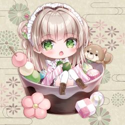 Rule 34 | 1girl, animal, apron, blush, boots, brown background, brown footwear, brown hair, brown skirt, chestnut mouth, chibi, commentary request, cross-laced footwear, dango, dog, egasumi, floral background, food, frilled apron, frilled skirt, frills, full body, green eyes, hair bun, hair intakes, heart, in bowl, in container, japanese clothes, kimono, knees together feet apart, kohinata hoshimi, lace-up boots, long hair, long sleeves, looking at viewer, maid, maid apron, maid headdress, mini person, minigirl, open mouth, original, sanshoku dango, single side bun, skirt, sleeves past wrists, solo, striped clothes, striped kimono, thighhighs, thighhighs under boots, two side up, vertical-striped clothes, vertical-striped kimono, very long hair, wa maid, wagashi, white apron, white thighhighs, wide sleeves
