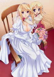 Rule 34 | 2girls, :d, absurdres, age difference, blonde hair, blue eyes, blush, bouquet, bow, breasts, bridal veil, chair, cleavage, dress, earrings, elbow gloves, eyebrows, flower, frills, from above, gloves, hair bun, hair ribbon, hand on another&#039;s shoulder, happy, highres, holding, hug, huge filesize, indoors, jewelry, komori kei, large breasts, long dress, long hair, long skirt, long sleeves, looking at viewer, maria van hossen, multiple girls, necklace, official art, open mouth, pearl necklace, pink flower, pink rose, princess lover, puffy short sleeves, puffy sleeves, ribbon, rose, see-through, short hair, short sleeves, siblings, silvia van hossen, single hair bun, sisters, sitting, skirt, sleeve cuffs, smile, standing, thick eyebrows, tiara, veil, very long hair, wedding dress, white flower, white gloves, white rose