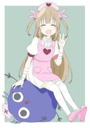 Rule 34 | 1girl, :d, apron, bad id, bad twitter id, bandaged arm, bandages, blue background, blush, closed eyes, donguri suzume, dress, facing viewer, fang, hair ornament, hand up, hat, highres, light brown hair, long hair, natori sana, nurse cap, open mouth, pink apron, pink footwear, pink hat, puffy short sleeves, puffy sleeves, rabbit hair ornament, shoes, short sleeves, simple background, sitting, smile, solo, thighhighs, virtual youtuber, waving, white dress, white thighhighs