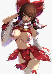 Rule 34 | 1girl, areola slip, blush, bow, breasts, brown eyes, brown hair, cowboy shot, detached sleeves, hair bow, hair tubes, hakurei reimu, highres, japanese clothes, large breasts, long hair, navel, nontraditional miko, ofuda, ofuda on nipples, open mouth, pasties, red bow, ribbon-trimmed sleeves, ribbon trim, scarf, sidelocks, solo, speech bubble, textless version, thighhighs, touhou, white scarf, white thighhighs, wide sleeves, yukito (dreamrider)