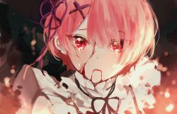Rule 34 | 1girl, annlin, black background, black ribbon, blood, blood from mouth, blood on clothes, blood on face, commentary, gradient background, hair ornament, hairclip, looking at viewer, neck ribbon, pink hair, portrait, purple ribbon, ram (re:zero), re:zero kara hajimeru isekai seikatsu, red eyes, ribbon, short hair, solo, upper body, x hair ornament