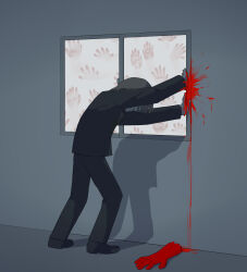 Rule 34 | 1boy, absurdres, against window, avogado6, black footwear, black pants, black shirt, blood, blood splatter, brown hair, closing, colored skin, commentary request, covered eyes, from side, full body, handprint, head down, highres, indoors, male focus, original, outstretched arms, pants, red skin, severed arm, severed limb, shadow, shirt, shoes, short hair, solo, standing, window