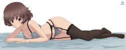 Rule 34 | 1girl, absurdres, acrux, akiyama yukari, artist logo, bed sheet, black garter belt, black thighhighs, bra, breasts, brown eyes, brown hair, closed mouth, clothes writing, commentary, dated, elbow rest, emblem, english commentary, female focus, full body, garter belt, garter straps, girls und panzer, grey bra, grey panties, highres, lace, lace-trimmed panties, lace trim, lingerie, looking at viewer, lying, medium breasts, messy hair, navel, on bed, on side, ooarai (emblem), panties, romaji text, short hair, smile, solo, string panties, thighhighs, underwear, underwear only