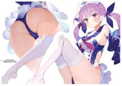 Rule 34 | 1girl, :o, absurdres, adapted costume, anchor print, ass, azur lane, bare shoulders, blue hair, blush, braid, breasts, collarbone, colored inner hair, detached sleeves, gaou (umaiyo puyoman), gloves, hair ribbon, headdress, highres, hololive, knees up, long hair, looking at viewer, medium breasts, minato aqua, multicolored hair, multiple views, no shoes, non-web source, one-piece swimsuit, parted lips, purple eyes, purple hair, ribbon, sailor collar, simple background, streaked hair, swimsuit, thighhighs, thighs, twintails, two-tone hair, virtual youtuber, white background, white gloves, white thighhighs