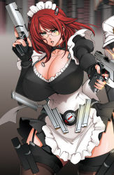Rule 34 | apron, breasts, cleavage, fei (maidoll), glasses, gloves, green eyes, gun, hip focus, holding, holster, huge breasts, maid, maid apron, maid cap, maid headdress, red hair, short hair, thighhighs, weapon, wide hips