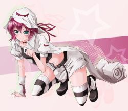 Rule 34 | all fours, arm support, green eyes, hat, merry nightmare, midriff, navel, ok-ray, paw pose, purple hair, ribbon, short hair, skirt, smile, solo, striped clothes, striped thighhighs, thighhighs, yumekui merry