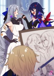 Rule 34 | 1boy, 2girls, anger vein, bare shoulders, black gloves, blonde hair, breasts, bronya rand, dress, earrings, fingerless gloves, gepard landau, gloves, grey hair, hand on own chest, hand on own hip, highres, holding, holding pencil, honkai: star rail, honkai (series), jewelry, kiss, large breasts, long hair, mamaprofennn, multiple girls, open mouth, out of character, pencil, pointing, pointing at another, puff of air, purple hair, seele (honkai: star rail), sketching, white dress, yuri