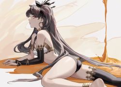 Rule 34 | 1girl, absurdres, ass, bare legs, barefoot, bikini, black hair, black thighhighs, breasts, cotta (heleif), elbow gloves, fate/grand order, fate (series), gloves, highres, ishtar (fate), long hair, looking at viewer, looking back, pouring, red eyes, solo, swimsuit, thighhighs, twintails