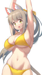 Rule 34 | 1girl, absurdres, animal ear fluff, animal ears, armpits, arms up, arukiru, bikini, breasts, brown hair, cat ears, cat tail, highres, large breasts, long hair, looking at viewer, navel, open mouth, original, ponytail, simple background, smile, solo, swimsuit, tail, wet, white background, yellow bikini, yellow eyes