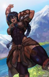 Rule 34 | 1girl, abs, arm tattoo, artist name, barbarian, blue hair, braid, braided ponytail, breasts, clear sky, commentary, dark-skinned female, dark skin, day, dungeons &amp; dragons, facial tattoo, grass, green eyes, hair between eyes, hand in own hair, highres, jewelry, large breasts, long hair, looking at viewer, mountain, muscular, muscular female, necklace, nextoad, one eye closed, open mouth, original, river, sierra (glazsin), skin tight, skull, sky, solo, stretching, sun, sun glare, tattoo, teeth, tongue, tooth necklace