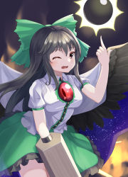 Rule 34 | 1girl, arm cannon, bird wings, black hair, black sun, black wings, blush, bow, breasts, brown eyes, buttons, cape, collared shirt, commentary request, control rod, cowboy shot, frilled skirt, frills, green bow, green skirt, hair between eyes, hair bow, highres, long hair, looking at viewer, medium breasts, one eye closed, open mouth, pointing, pointing up, puffy short sleeves, puffy sleeves, reiuji utsuho, shirt, short sleeves, skirt, smile, solo, starry sky print, sun, third eye, touhou, urochii (ju2ti6jgpt), weapon, white cape, white shirt, wings