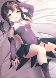 Rule 34 | 1girl, arm up, bad id, bad pixiv id, bare shoulders, bed sheet, black hair, blush, breasts, brown eyes, commentary request, detached sleeves, fate/kaleid liner prisma illya, fate (series), fingernails, hair ornament, highres, leotard, long hair, long sleeves, looking at viewer, lying, miyu edelfelt, on back, purple leotard, purple sleeves, purple thighhighs, sidelocks, small breasts, solo, thighhighs, thighhighs pull, twintails, x hair ornament, yuzuzukushi