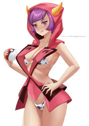 Rule 34 | 1girl, :q, animal print, artist name, bare shoulders, bikini, blush, breasts, chungmechanic, cleavage, closed mouth, collarbone, courtney (pokemon), cow print, cowboy shot, creatures (company), fake horns, game freak, hand on own hip, highres, holding, holding poke ball, hood, hood up, horns, large breasts, looking at viewer, nail polish, nintendo, poke ball, poke ball (basic), pokemon, pokemon oras, print bikini, purple eyes, purple hair, purple nails, short hair, simple background, skindentation, smile, solo, swept bangs, swimsuit, team magma, tongue, tongue out, white background, white bikini