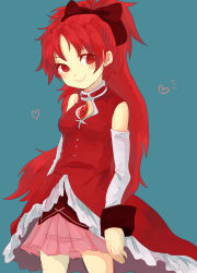 Rule 34 | 1girl, absurdres, artist request, bare shoulders, blue background, blush, bow, breasts, detached sleeves, gem, hair bow, heart, highres, long hair, magical girl, mahou shoujo madoka magica, medium breasts, pink skirt, ponytail, red eyes, red hair, sakura kyoko, simple background, skirt, smile, solo
