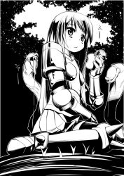 Rule 34 | 1girl, :t, akino sora, apple, armor, boobplate, boots, breastplate, breasts, closed mouth, commentary request, eating, food, forest, from side, fruit, greyscale, holding, imminent rape, knight, long hair, monochrome, nature, outdoors, pleated skirt, ragnarok online, sitting, skirt, slimy, small breasts, spikes, tentacles, wariza