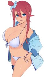 Rule 34 | 1girl, absurdres, alternate breast size, arm at side, armpits, bikini, blue eyes, blue jacket, breasts, capelet, cleavage, collarbone, creatures (company), front-tie bikini top, front-tie top, game freak, hair between eyes, halterneck, highres, hood, hood down, hooded capelet, huge breasts, jacket, light smile, long sleeves, looking at viewer, natsuki straight, navel, nintendo, off shoulder, one side up, open clothes, open jacket, open mouth, pokemon, pokemon bw, red hair, short hair with long locks, side-tie bikini bottom, side-tie bottom, sidelocks, simple background, skindentation, skyla (pokemon), solo, stomach, swimsuit, thigh strap, white background