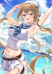 Rule 34 | 1girl, arm strap, armpits, arms up, bare arms, belt, blue neckerchief, blush, bochibochi (gyuuniku 6000), brown hair, check copyright, cloud, copyright request, crossed bangs, dutch angle, hair ornament, hat, highres, leather belt, long hair, looking at viewer, midriff, mole, mole on arm, navel, neckerchief, ocean, open mouth, original, outdoors, pleated skirt, purple eyes, sidelocks, skirt, sky, sleeveless, solo, thighhighs, twintails, white skirt, zettai ryouiki