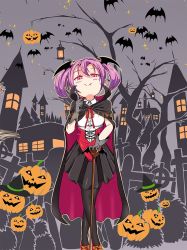 Rule 34 | 1girl, bat (animal), bat wings, bow, breasts, building, cane, cape, check commentary, commentary request, cross, fang, finger to cheek, full body, gloves, hair between eyes, halloween, halloween costume, happy halloween, hat, head wings, jack-o&#039;-lantern, kantai collection, legs together, looking at viewer, night, pantyhose, pink eyes, pink hair, pleated skirt, sazanami (kancolle), shino (ponjiyuusu), shirt, footwear bow, shoes, skirt, sleeveless, small breasts, solo, standing, tree, twintails, vampire costume, window, wings, witch hat