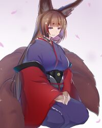 Rule 34 | 1girl, amagi (azur lane), animal ears, azur lane, blue eyes, blue kimono, blunt bangs, breasts, brown hair, cherry blossoms, closed mouth, commentary request, fox ears, fox girl, fox tail, hair ornament, inabashi yukoma, japanese clothes, kimono, kitsune, large breasts, light smile, long hair, long sleeves, looking at viewer, multiple tails, obi, petals, sash, sitting, solo, tail, very long hair, wide sleeves