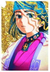 Rule 34 | 1girl, ainu, ainu clothes, asirpa, blue eyes, blue hair, blue headband, colored eyelashes, dctroo 08, eyelashes, floating hair, golden kamuy, headband, highres, long hair, looking at viewer, open mouth, solo, teeth, thick eyebrows, upper body, upper teeth only