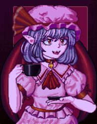 Rule 34 | 1990s (style), 1girl, bat wings, breasts, choker, collar, cup, dithering, dress, fangs, frills, goth fashion, gothic lolita, hat, hat ribbon, holding, holding cup, lilian duleroux, lolita fashion, no humans, pale skin, pc-98 (style), pixel art, pointy ears, red eyes, red ribbon, remilia scarlet, retro artstyle, ribbon, slit pupils, small breasts, smile, smug, solo, touhou, vampire, wings