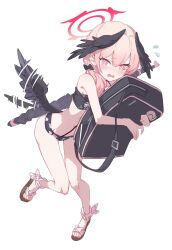 Rule 34 | 1girl, ankle ribbon, bag, bikini, black bag, black bikini, black wings, blue archive, blush, breasts, commentary request, embarrassed, feathered wings, flapping, floral print, full body, halo, head wings, highres, holding, holding bag, koharu (blue archive), koharu (swimsuit) (blue archive), leg ribbon, long hair, looking at viewer, low twintails, low wings, makai no juumin, hugging object, official alternate costume, open mouth, pink eyes, pink hair, print bikini, red halo, ribbon, sandals, simple background, small breasts, solo, standing, standing on one leg, swimsuit, twintails, white background, wings