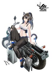 Rule 34 | 1girl, animal ear fluff, animal ears, bandeau, bare shoulders, black footwear, black hair, black pants, breasts, cat ears, cat tail, cleavage, commentary request, eugle na, highres, knee up, large breasts, long hair, looking at viewer, midriff, motor vehicle, motorcycle, navel, original, pants, parted lips, ponytail, pouch, shoes, sidelocks, simple background, sitting, solo, stomach, tail, white background, wrench, yellow eyes