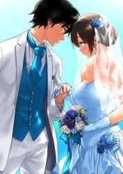 Rule 34 | 1boy, 1girl, black eyes, black hair, blue background, blue dress, blue flower, blue gloves, blue neckwear, blue rose, blue vest, bouquet, breasts, bridal veil, bride, brown eyes, brown hair, cleavage, closed mouth, couple, dress, earrings, eye contact, flower, gloves, groom, hair bun, holding, holding bouquet, holding hands, husband and wife, idolmaster, idolmaster cinderella girls, jacket, jewelry, large breasts, long sleeves, looking at another, necktie, nitta minami, open clothes, open jacket, pants, parted lips, producer (idolmaster), producer (idolmaster cinderella girls anime), purple flower, purple rose, rose, single hair bun, smile, tachibana roku, veil, vest, wedding dress, white flower, white jacket, white pants, white rose