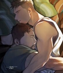 Rule 34 | 2boys, artist name, bara, bed, black hair, brown hair, chris redfield, closed eyes, closed mouth, couple, dated, facial hair, green shirt, highres, lying, male focus, moto23059, multiple boys, muscular, muscular male, on bed, on side, piers nivans, resident evil, resident evil 6, shirt, short hair, sleeping, tank top, white tank top, yaoi