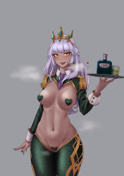 Rule 34 | 1girl, :d, absurdres, alcohol, bottle, breasts, breath, cel da lin, condom, cowboy shot, dark-skinned female, dark skin, glass, green legwear, grey background, hair ornament, hand up, heart pasties, highres, holding, holding condom, holding tray, large breasts, league of legends, lips, long hair, long sleeves, looking at viewer, meme attire, nail polish, navel, necktie, open mouth, pasties, purple necktie, pussy juice, qiyana (league of legends), reverse bunnysuit, reverse outfit, shiny skin, short necktie, simple background, smile, solo, teeth, tray